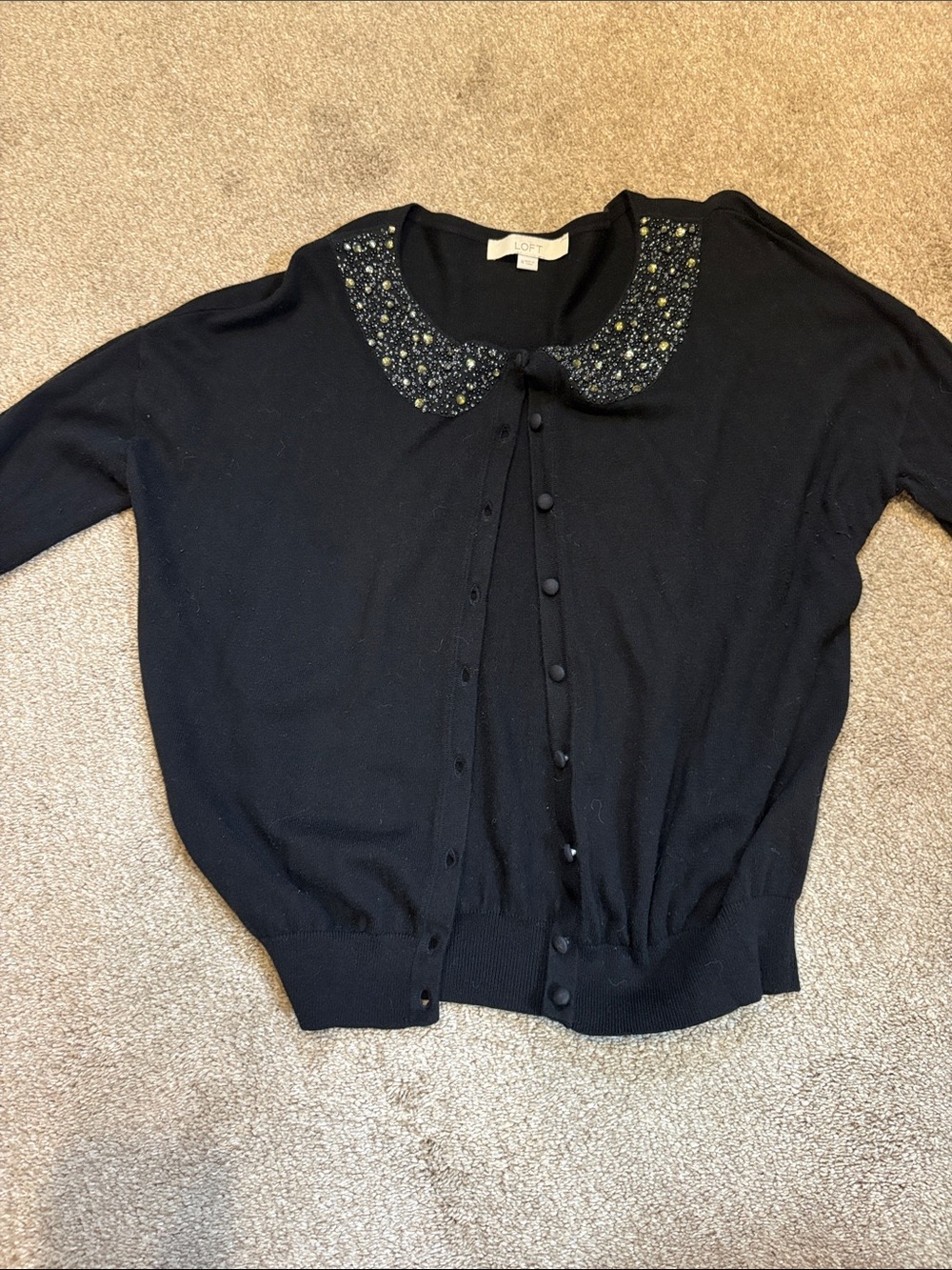 LOFT Black Cardigan with Beaded Peter Pan Collar